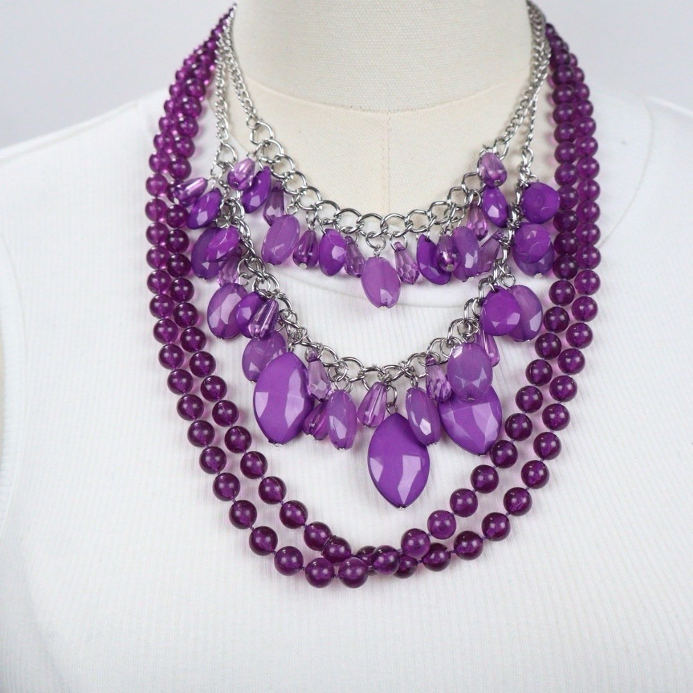 7 VTG -Modern Purple‎ Beaded Boho Eclectic Statement Layering Necklaces